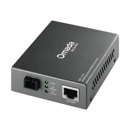 TP-Link Omada MC111CS 10/100Mbps WDM media converter showing the black steel casing and brand logo.