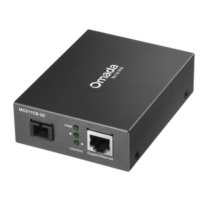 Studio shot of the compact, black metal TP-Link Omada MC211CS-20 gigabit WDM media converter on a clean white background.