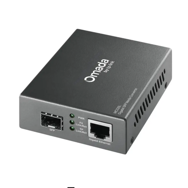 TP-Link Omada MC220L Gigabit SFP media converter front view showing the compact black steel housing and brand logo.