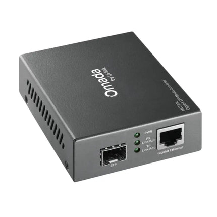 Front panel interface of the TP-Link Omada MC220L featuring one open 1000Mbps SFP slot, one 10/100/1000M RJ45 Ethernet port, and LED link indicators.