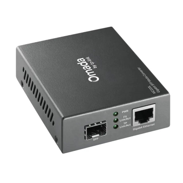 Front panel interface of the TP-Link Omada MC220L featuring one open 1000Mbps SFP slot, one 10/100/1000M RJ45 Ethernet port, and LED link indicators.