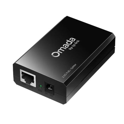 Studio shot of the TP-Link Omada POE260R 2.5 Gigabit PoE plus splitter in a compact dark grey housing.
