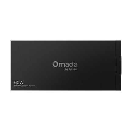 Front view of the black metal TP-Link Omada POE370S high-power Gigabit PoE++ injector with power indicator LEDs.