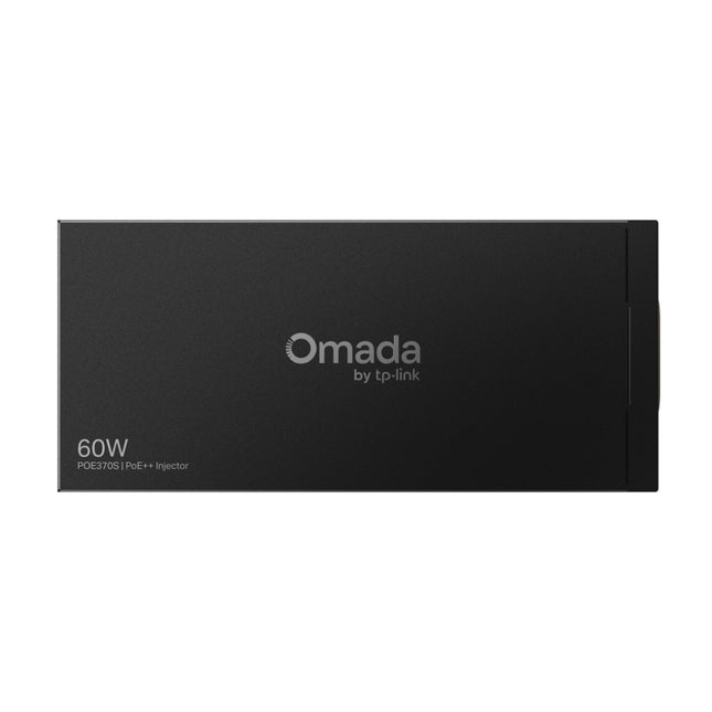 Front view of the black metal TP-Link Omada POE370S high-power Gigabit PoE++ injector with power indicator LEDs.