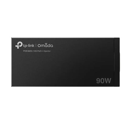 TP-Link Omada POE380S 10G PoE++ injector featuring a durable black metal casing with power and PoE LED indicator lights.