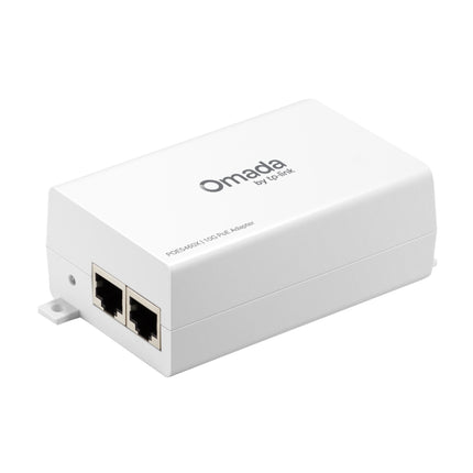 Top view of the black TP-Link Omada POE5460X 10G passive PoE adapter injector with its power LED indicator light.