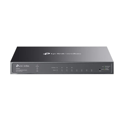 Front view of the Omada SG2008P smart switch showing 8 gigabit RJ45 ports, highlighting the first 4 ports which support 802.3at/af PoE+ for powering connected devices.