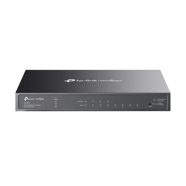 Front view of the Omada SG2008P smart switch showing 8 gigabit RJ45 ports, highlighting the first 4 ports which support 802.3at/af PoE+ for powering connected devices.