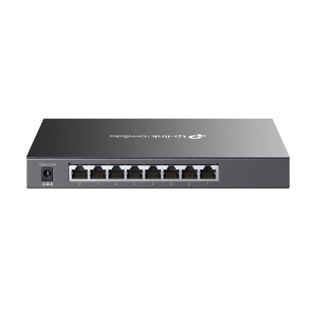 An illustration of the Omada SG2008P integrated into the Omada SDN platform, demonstrating centralized cloud management, zero-touch provisioning, and remote monitoring via the Omada app.