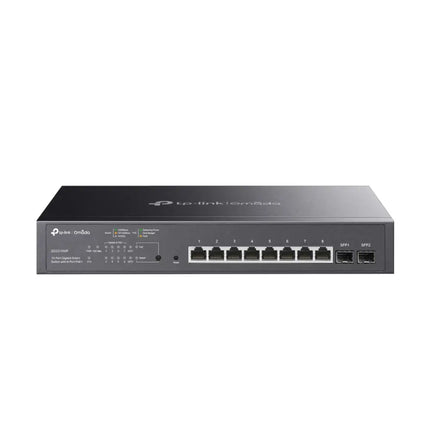 TP-Link Omada SG2210MP 10-port gigabit smart managed switch with 8 PoE+ ports, featuring a black steel casing and status LED indicators.
