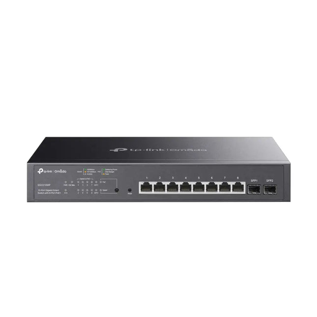 TP-Link Omada SG2210MP 10-port gigabit smart managed switch with 8 PoE+ ports, featuring a black steel casing and status LED indicators.