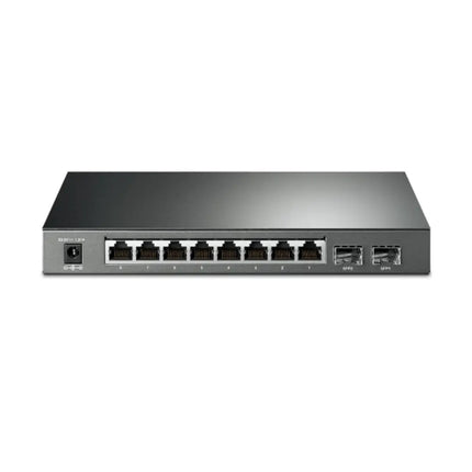 TP-Link Omada SG2210P JetStream 8-port gigabit smart switch featuring 8 PoE+ ports and 2 SFP slots in a rackmountable dark gray metal chassis.
