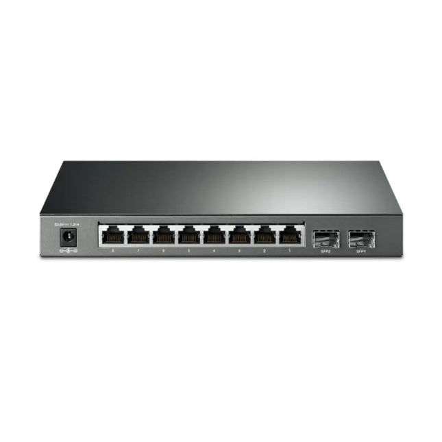 TP-Link Omada SG2210P JetStream 8-port gigabit smart switch featuring 8 PoE+ ports and 2 SFP slots in a rackmountable dark gray metal chassis.