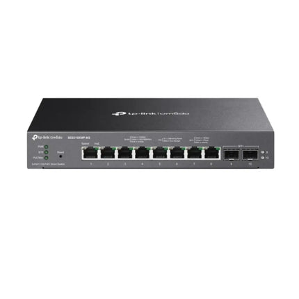 TP-Link Omada SG2210XMP-M2 8-port multi-gigabit PoE+ desktop and rackmount smart switch in a compact black metal casing.