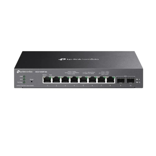 TP-Link Omada SG2210XMP-M2 8-port multi-gigabit PoE+ desktop and rackmount smart switch in a compact black metal casing.