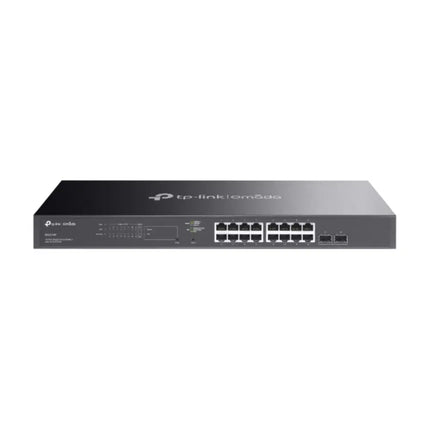 TP-Link Omada SG2218P smart managed 16-port gigabit RJ45 switch with 16 PoE+ ports and 2 SFP slots, rack-mounted front view.