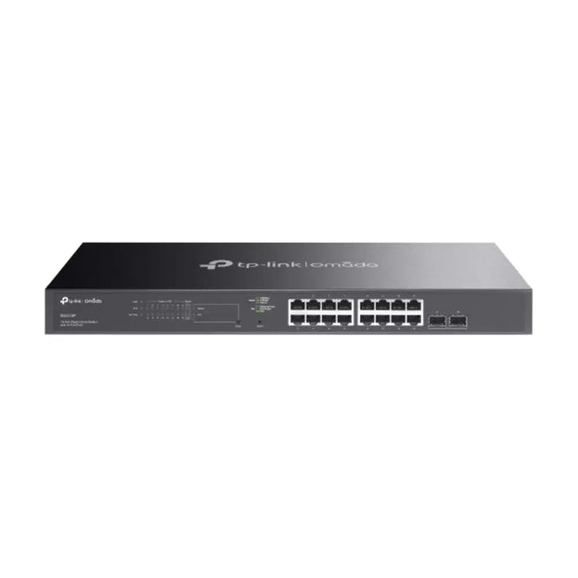 TP-Link Omada SG2218P smart managed 16-port gigabit RJ45 switch with 16 PoE+ ports and 2 SFP slots, rack-mounted front view.