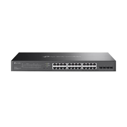 TP-Link Omada SG2428LP 28-port gigabit smart rackmount switch featuring a durable dark gray metal casing.