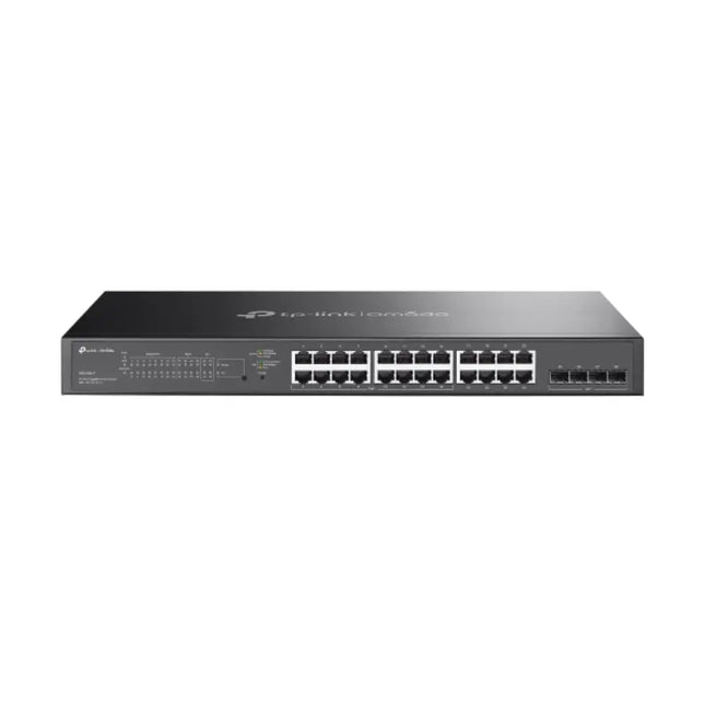 TP-Link Omada SG2428LP 28-port gigabit smart rackmount switch featuring a durable dark gray metal casing.