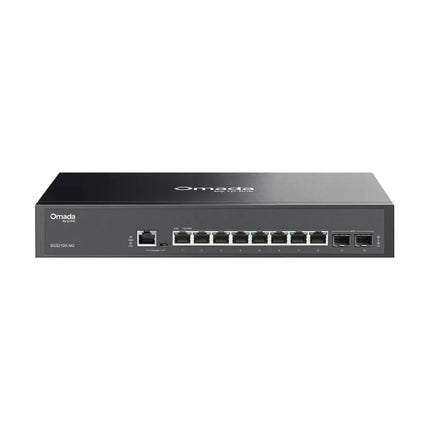 TP-Link Omada SG3210X-M2 Access Pro 8-Port 2.5G desktop switch with 2 10G SFP plus slots, front view.