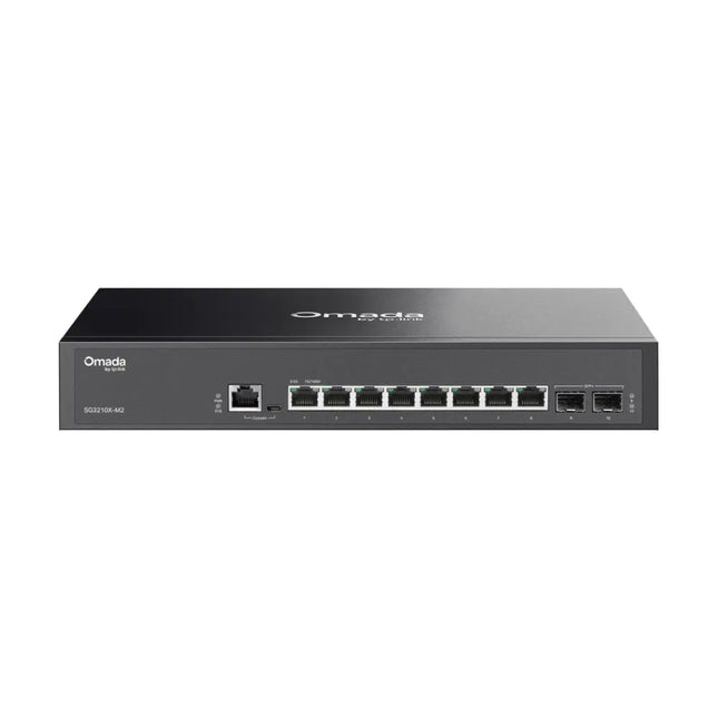 TP-Link Omada SG3210X-M2 Access Pro 8-Port 2.5G desktop switch with 2 10G SFP plus slots, front view.