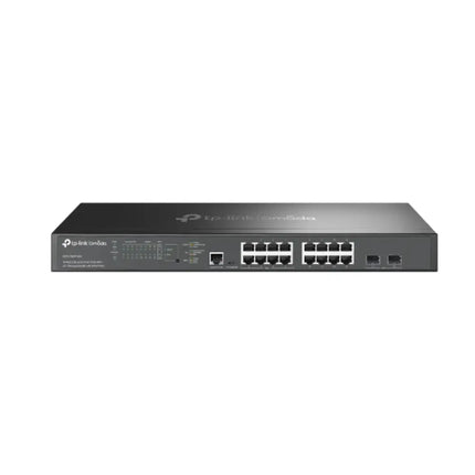 TP-Link Omada SG3218XP-M2 smart managed 16-port 2.5G multi-gigabit switch with 16 PoE+ ports and 2 10G SFP+ slots, front rack-mount view.