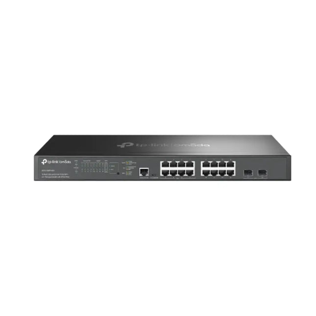 TP-Link Omada SG3218XP-M2 smart managed 16-port 2.5G multi-gigabit switch with 16 PoE+ ports and 2 10G SFP+ slots, front rack-mount view.