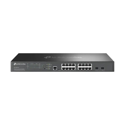 Front view of the TP-Link Omada SG3218XP-M2 managed switch, showing the 8 multi-gigabit 2.5G PoE+ ports, 8 standard 2.5G RJ45 ports, and 2 10G SFP+ uplink slots.