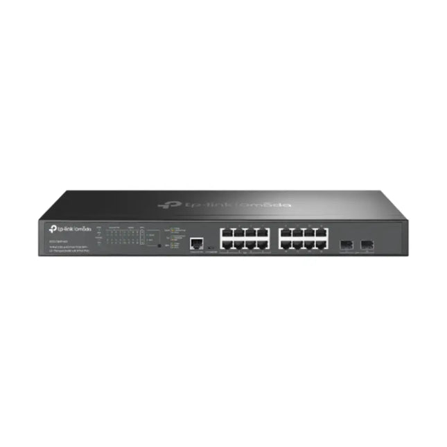 Front view of the TP-Link Omada SG3218XP-M2 managed switch, showing the 8 multi-gigabit 2.5G PoE+ ports, 8 standard 2.5G RJ45 ports, and 2 10G SFP+ uplink slots.