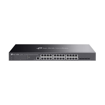 TP-Link Omada SG3428 24-Port Gigabit L2+ Managed Switch front panel, showcasing the row of Ethernet ports and 4 SFP slots.