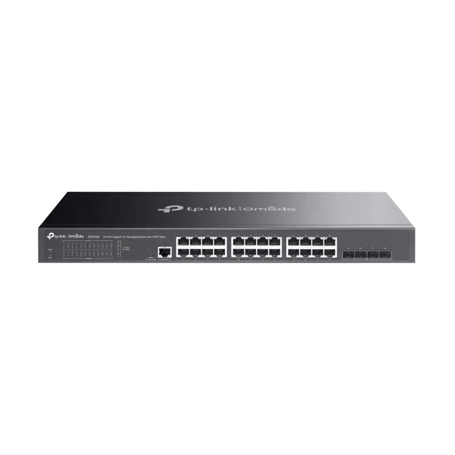 TP-Link Omada SG3428 24-Port Gigabit L2+ Managed Switch front panel, showcasing the row of Ethernet ports and 4 SFP slots.