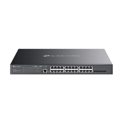Front view of the 1U rackmount TP-Link Omada SG3428MP managed switch, featuring 24× Gigabit PoE+ ports and 4× Gigabit SFP slots for high-speed fiber uplinks.