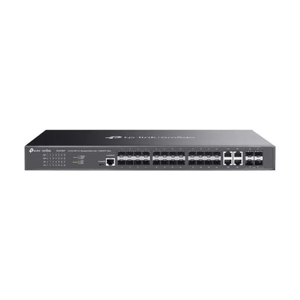 TP-Link Omada SG3428XF 24-Port SFP L2+ Managed Switch featuring 4 10GE SFP+ uplink slots for high-speed business networking.