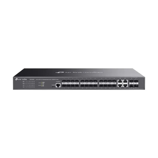 TP-Link Omada SG3428XF 24-Port SFP L2+ Managed Switch featuring 4 10GE SFP+ uplink slots for high-speed business networking.