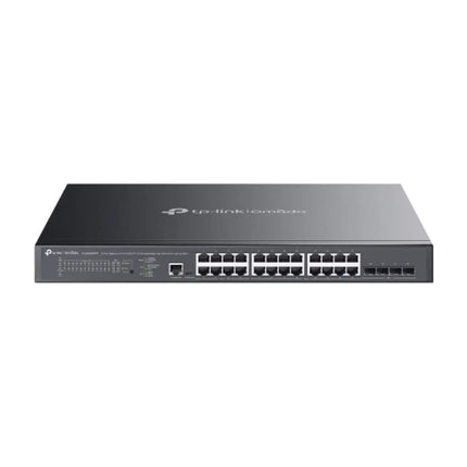 TP-Link Omada SG3428XMPP 24-port gigabit L2+ managed rackmount network switch featuring a standard 1U dark gray metal chassis.