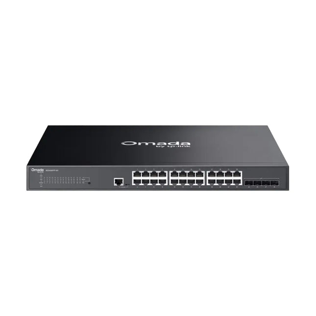 TP-Link Omada SG3428XPP-M2 24-port 2.5G and 4-port 10GE SFP+ managed switch front panel view, showcasing the Multi-Gigabit PoE++ ports.