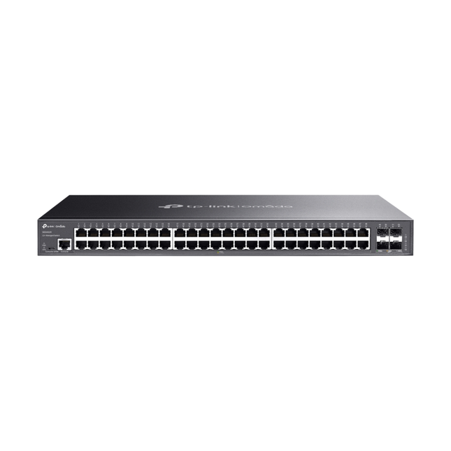 TP-Link Omada SG3452X 48-port gigabit L2+ managed switch front view, showcasing its standard 1U rackmount chassis.