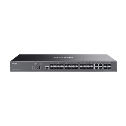 Front view of the 1U rackmount TP-Link Omada SG5428XF campus 24-port SFP Lite L3 managed switch featuring 4 enterprise 10G SFP+ uplink slots.