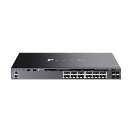 TP-Link Omada SG6428X 24-Port Gigabit Stackable L3 Managed Switch with 4 10G Slots, front perspective view.