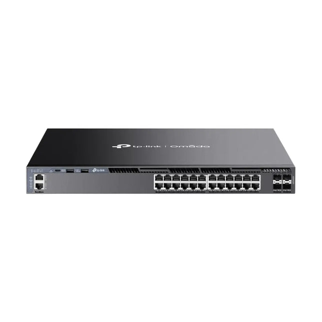 TP-Link Omada SG6428X 24-Port Gigabit Stackable L3 Managed Switch with 4 10G Slots, front perspective view.