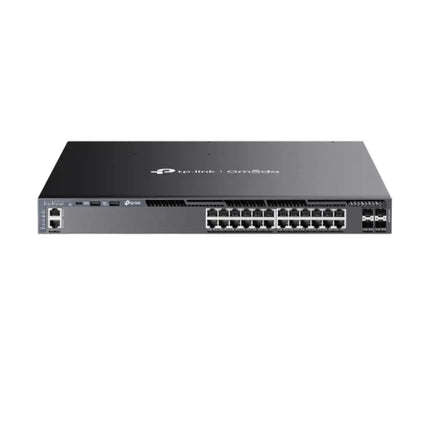 TP-Link Omada SG6428XHP L3 managed 28-port gigabit switch with a high-capacity rackmount design and front status LEDs.