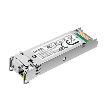 TP-Link Omada SM321A-2 1000Base-BX WDM Bi-Directional SFP module, a metallic small form-factor pluggable transceiver for fiber optic connections.