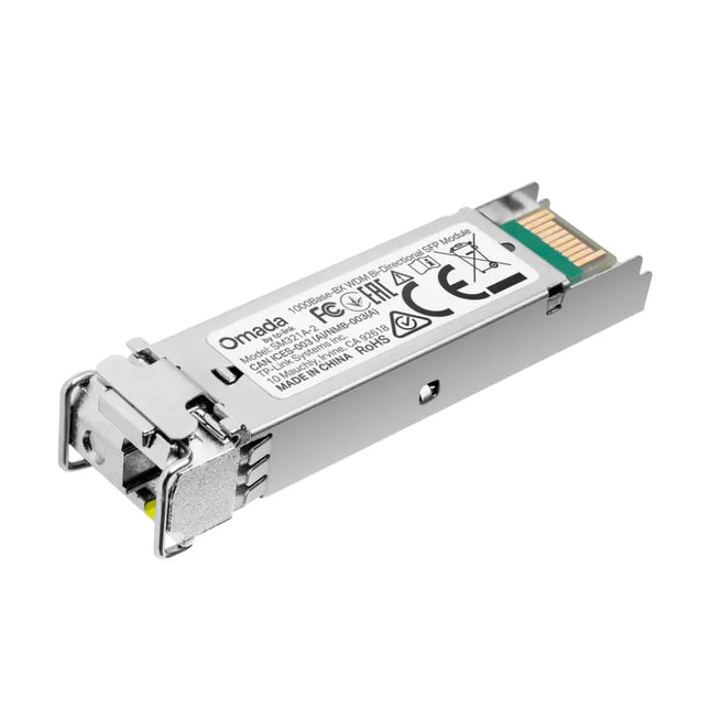 TP-Link Omada SM321A-2 1000Base-BX WDM Bi-Directional SFP module, a metallic small form-factor pluggable transceiver for fiber optic connections.