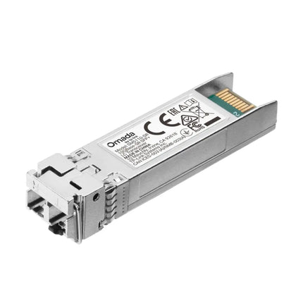 TP-Link Omada SM5110-SR ten-GBase-SR SFP plus transceiver module featuring a durable metal casing and a blue pull-tab bail latch