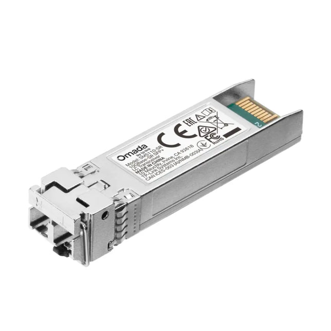 TP-Link Omada SM5110-SR ten-GBase-SR SFP plus transceiver module featuring a durable metal casing and a blue pull-tab bail latch