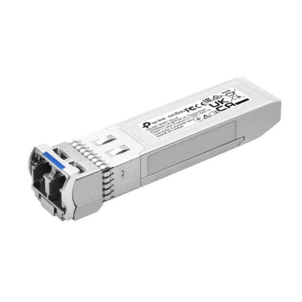 TP-Link Omada SM6110-LR 25GBase-LR single-mode SFP28 LC fiber transceiver module with integrated pull-tab latch.