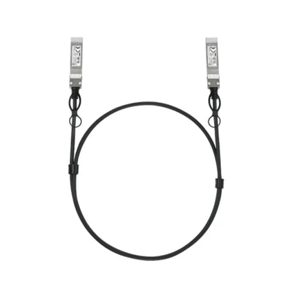 Full view of the 1-meter TP-Link Omada SM6220-1M passive twin-ax direct attach copper DAC cable with SFP28 connectors on both sides.