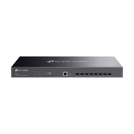 Front view of the TP-Link Omada SX3008F enterprise-grade managed switch, featuring 8× 10 Gbps SFP+ slots for high-speed fiber connectivity in a durable black rackmount casing.  