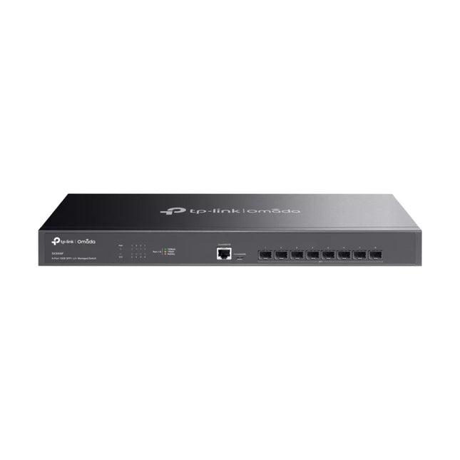 Front view of the TP-Link Omada SX3008F enterprise-grade managed switch, featuring 8× 10 Gbps SFP+ slots for high-speed fiber connectivity in a durable black rackmount casing.  