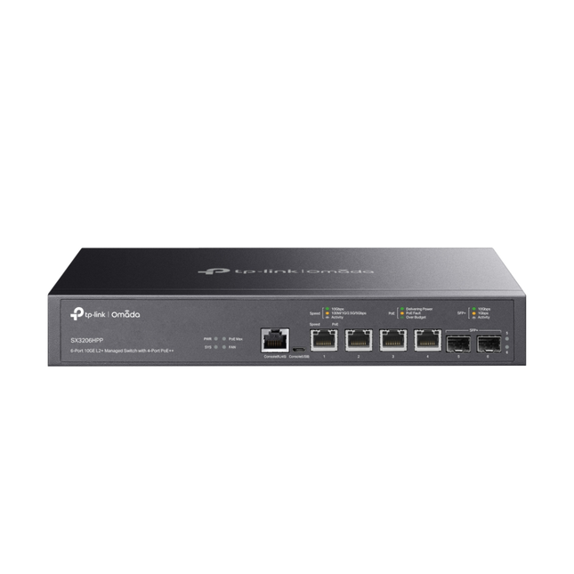 TP-Link Omada SX3206HPP 6-port 10G L2+ managed switch front view, showcasing its compact steel casing.